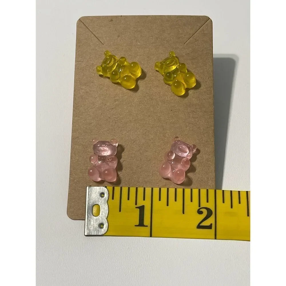 Gummy Bear Acrylic Stud Earrings Pink‎ Yellow Statement Novelty Fashion Set New